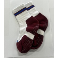 Socks: White with Burgundy and Blue Stripe  3/4 crew length, Crew with Gripper